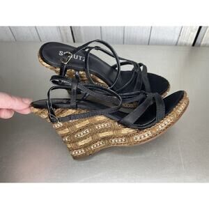 Schutz Black Leather Strappy Wedge Heels Straw Rhinestone Size 6